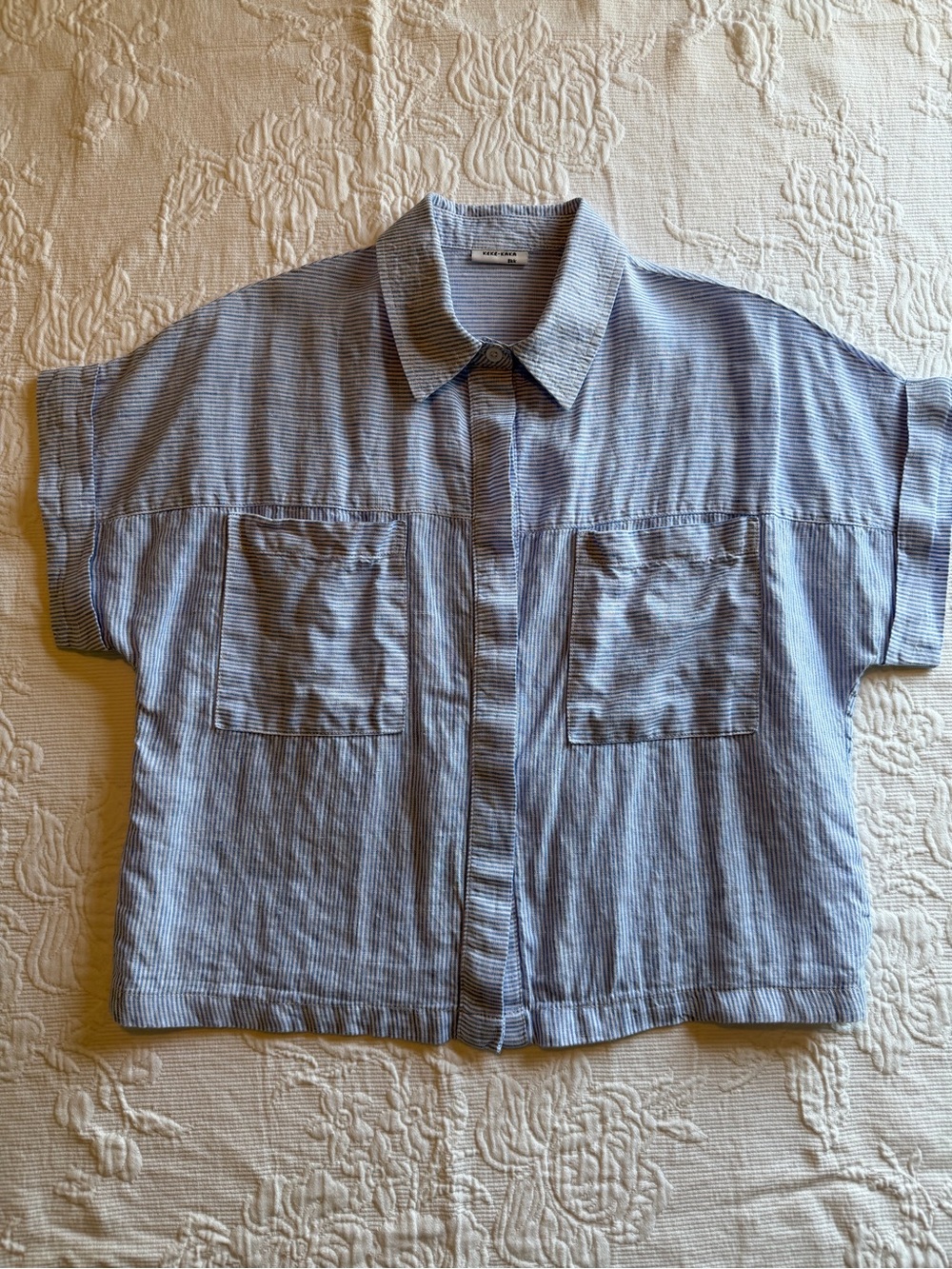 Relaxed Light Blue Stripe Short-Sleeve Button Front Blouse